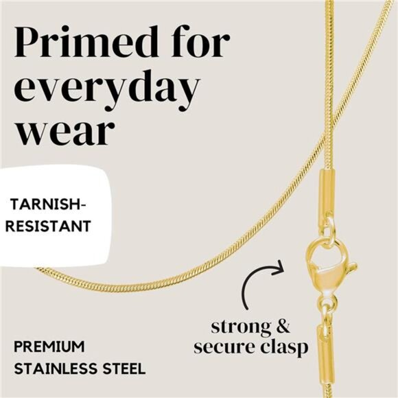 24k Gold Snake Chain Necklace – Thin, Dainty, Gold Plated Stainless - Picture 4 of 14